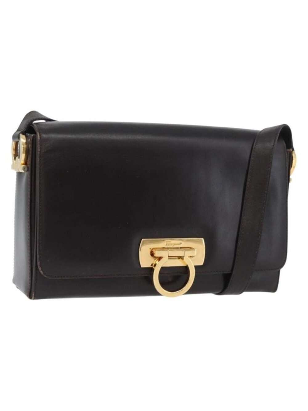 Authentic Salvatore Ferragamo Gancini Shoulder Bag Leather Brown Gold